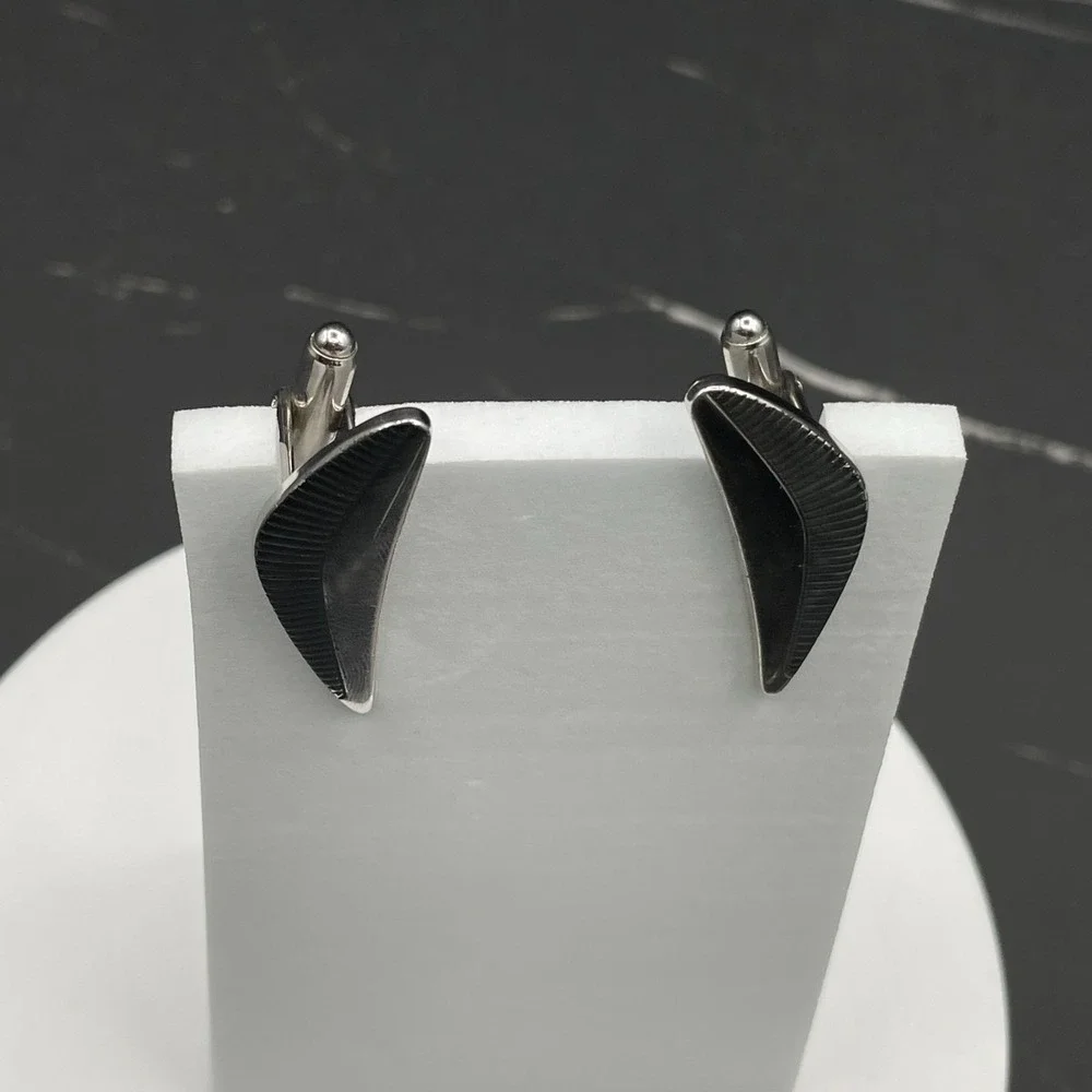 Vintage‎ Modernist Silver-Tone Crescent Men's Cufflinks with Black Accents